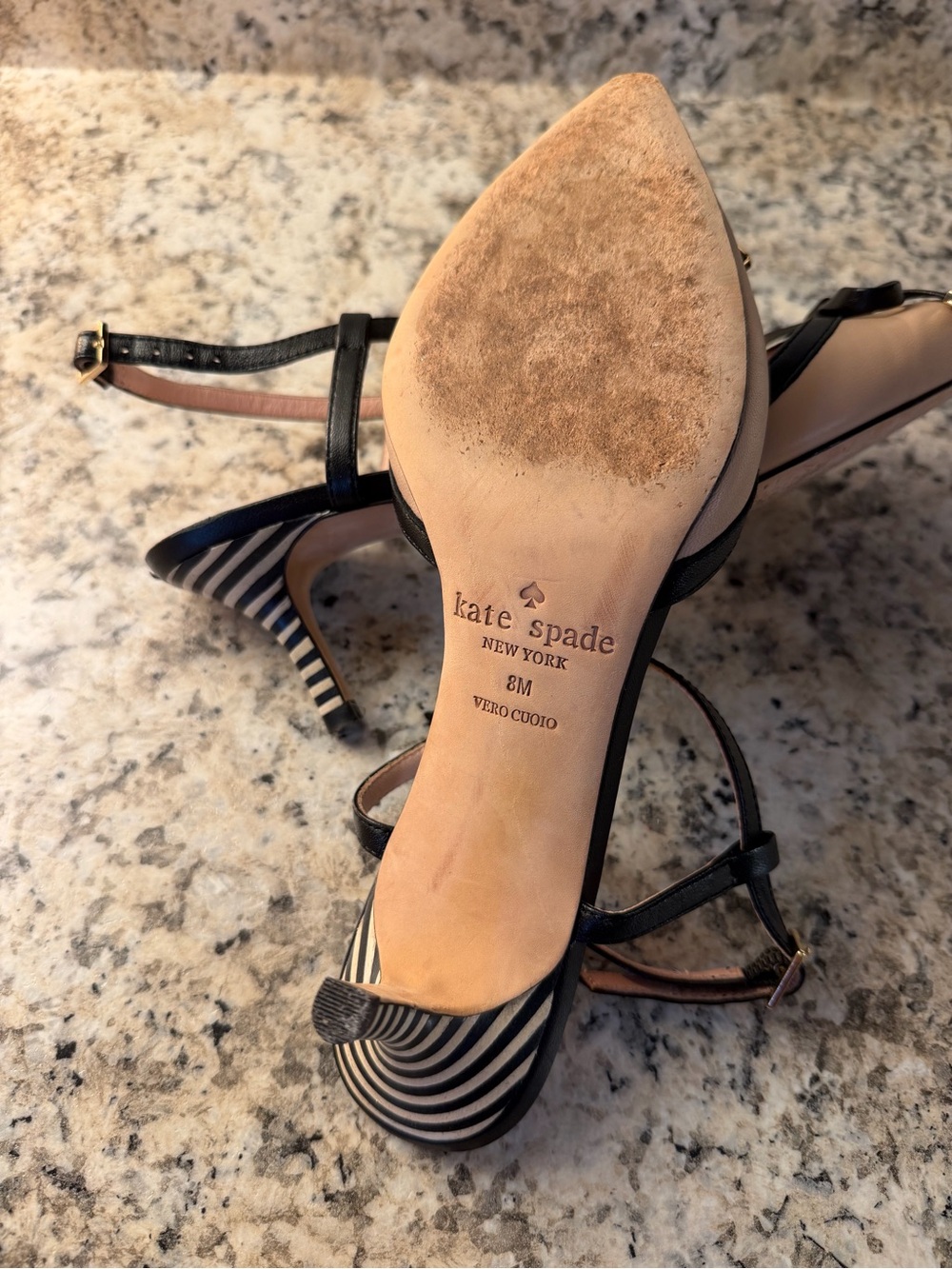 Kate Spade ♠️ beige and black T-strap pointed-toe bow pumps Ponoma Office Heels - Picture 10 of 11